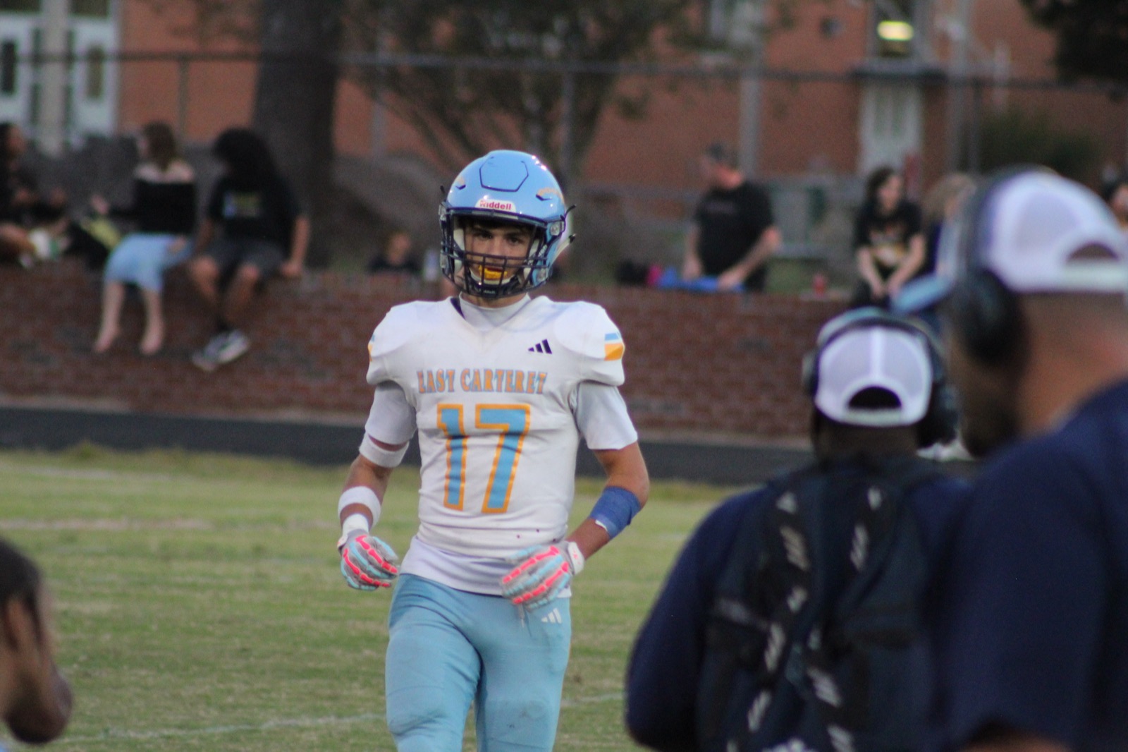 Conlan Elson lined up at the line of scrimmage, stadium crowd behind him, 2025 season