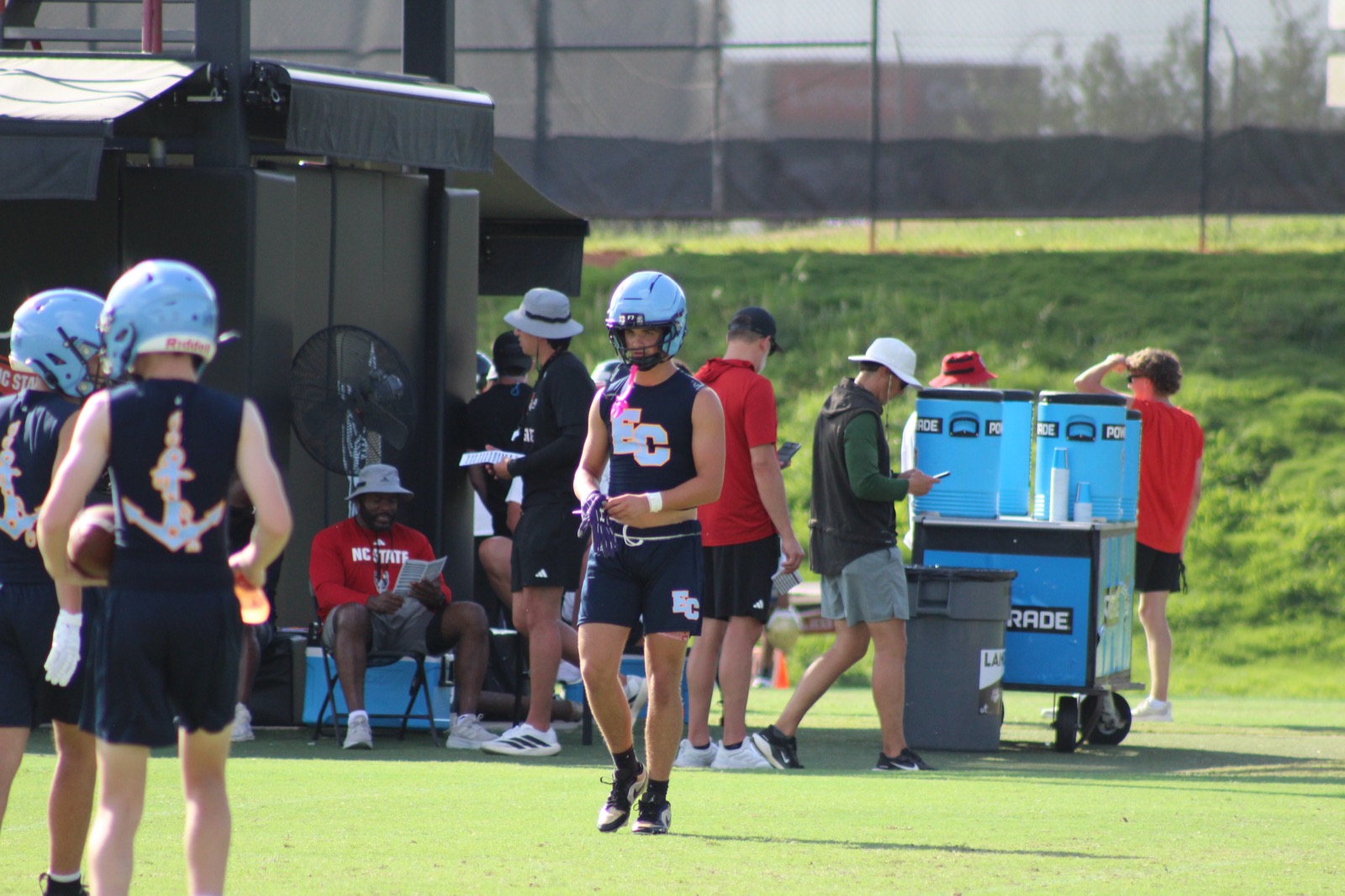 Conlan Elson on field at NC State 7v7 camp, EC jersey and helmet